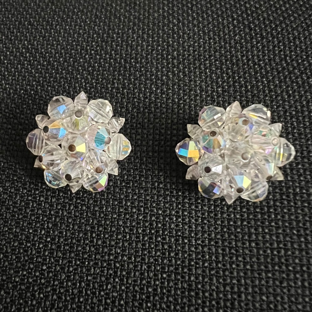 Laguna Vintage AB Crystal Bead Cluster Clip On Earrings 1 Inch Cottagecore